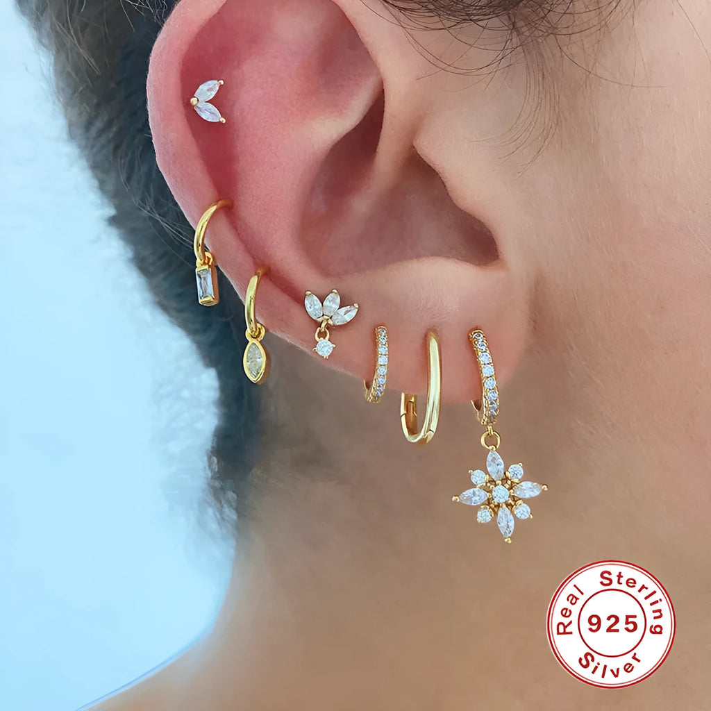 S925 sterling silver diamond snowflake pendant earrings with gemstone inlay in geometric design