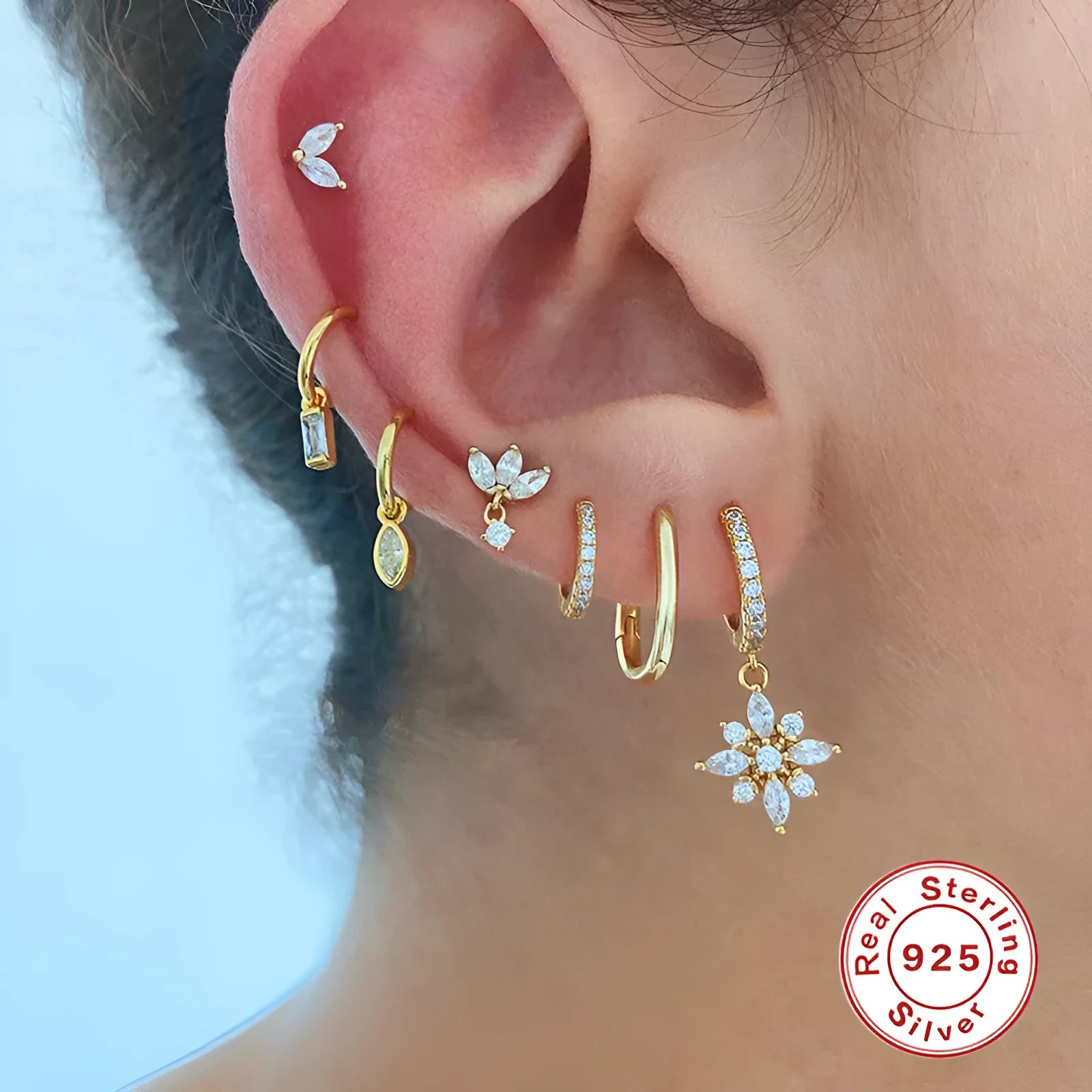 S925 sterling silver diamond snowflake pendant earrings with gemstone inlay in geometric design
