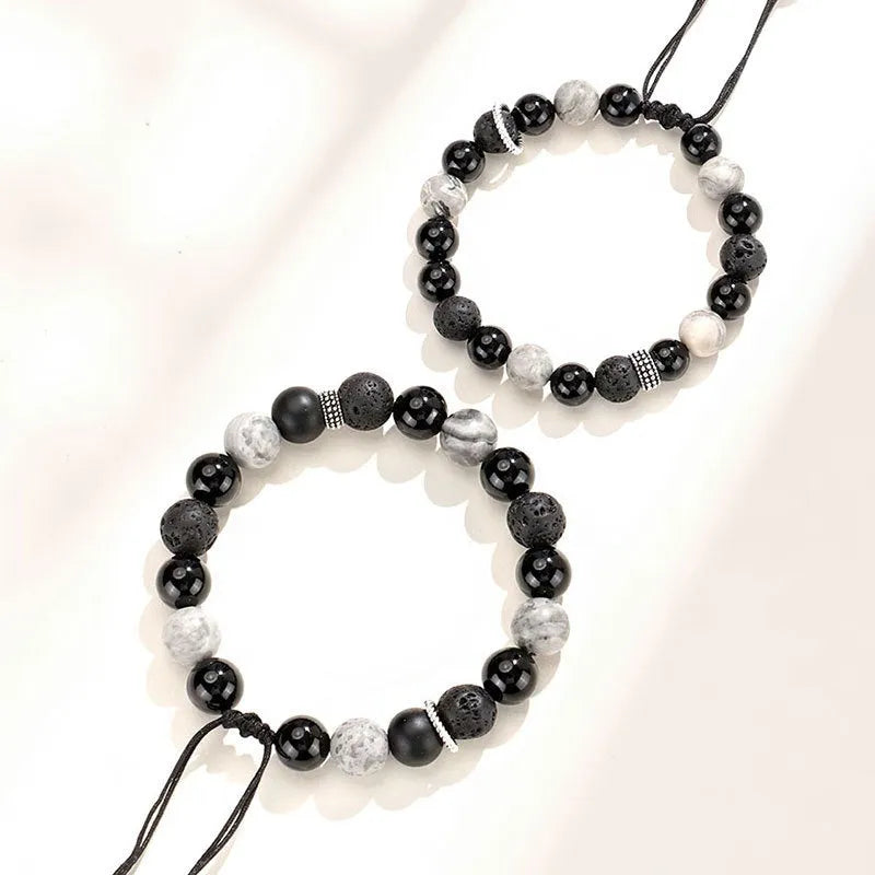 Black agate map stone volcanic rock bracelet with diamond-shaped beads and electroplated metal fittings