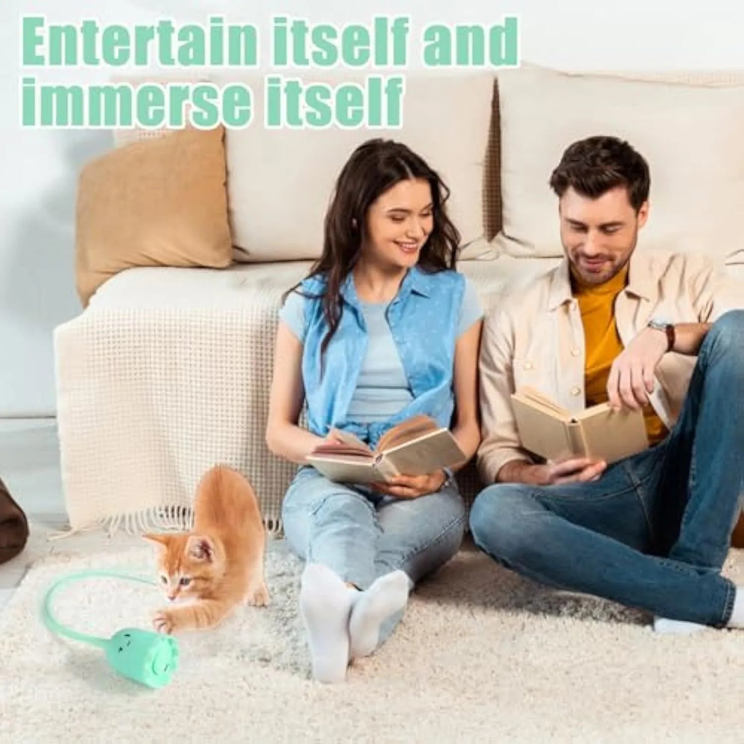 Automatic cat wand toy with swinging silicone tail measuring 38 cm long