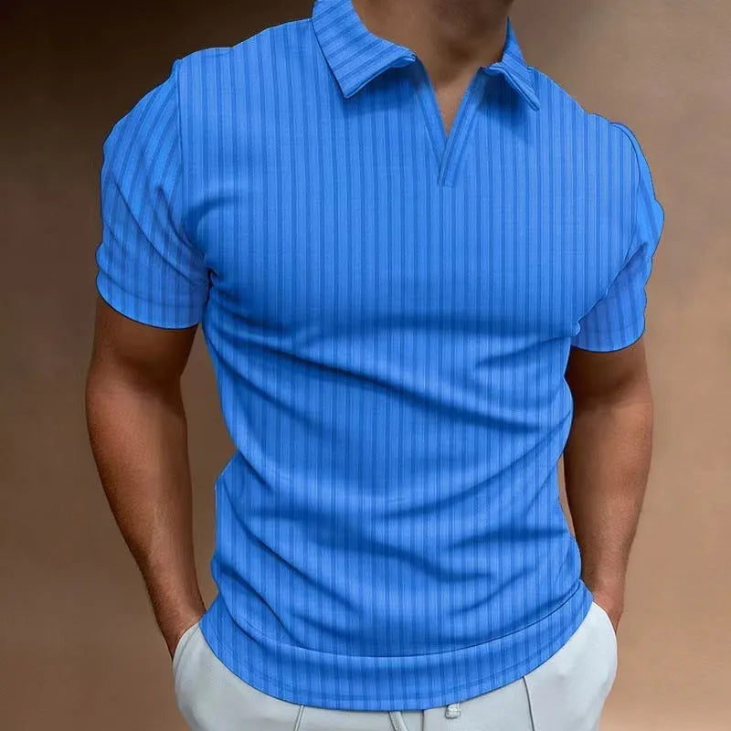 Men's summer polo shirt with V-neck striped design in cotton blend fabric showing high-elastic short sleeves