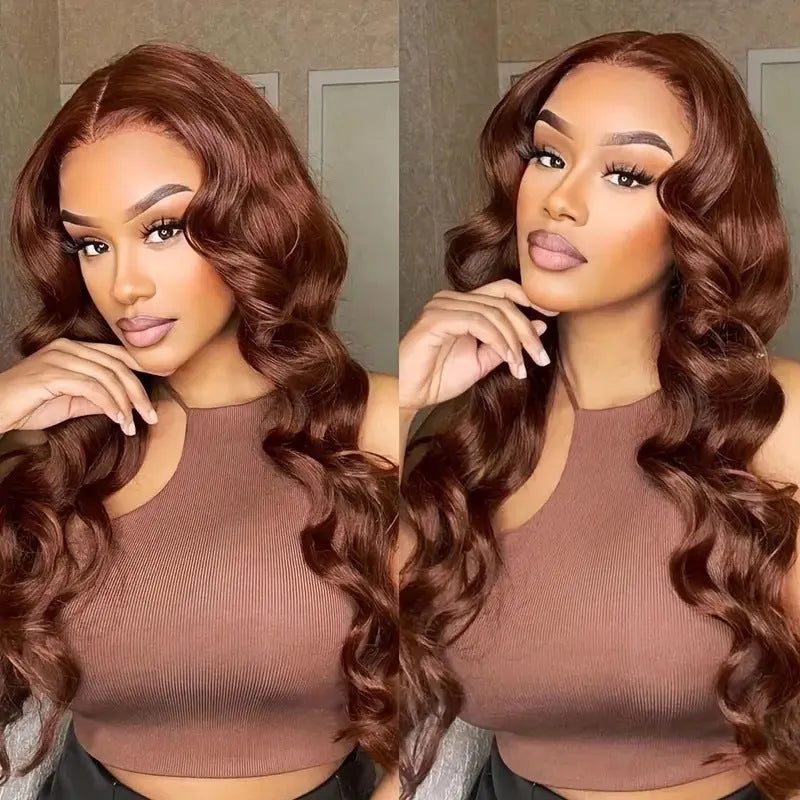 Long dark brown curly synthetic wig with side bangs on a mannequin head, showing front lace construction.