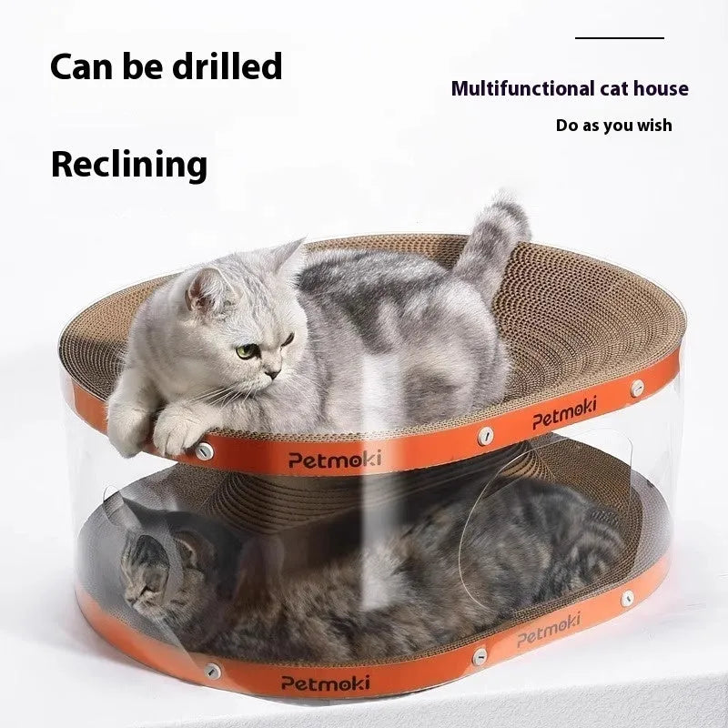 White transparent PVC cat tunnel nest with integrated corrugated board scratch panel
