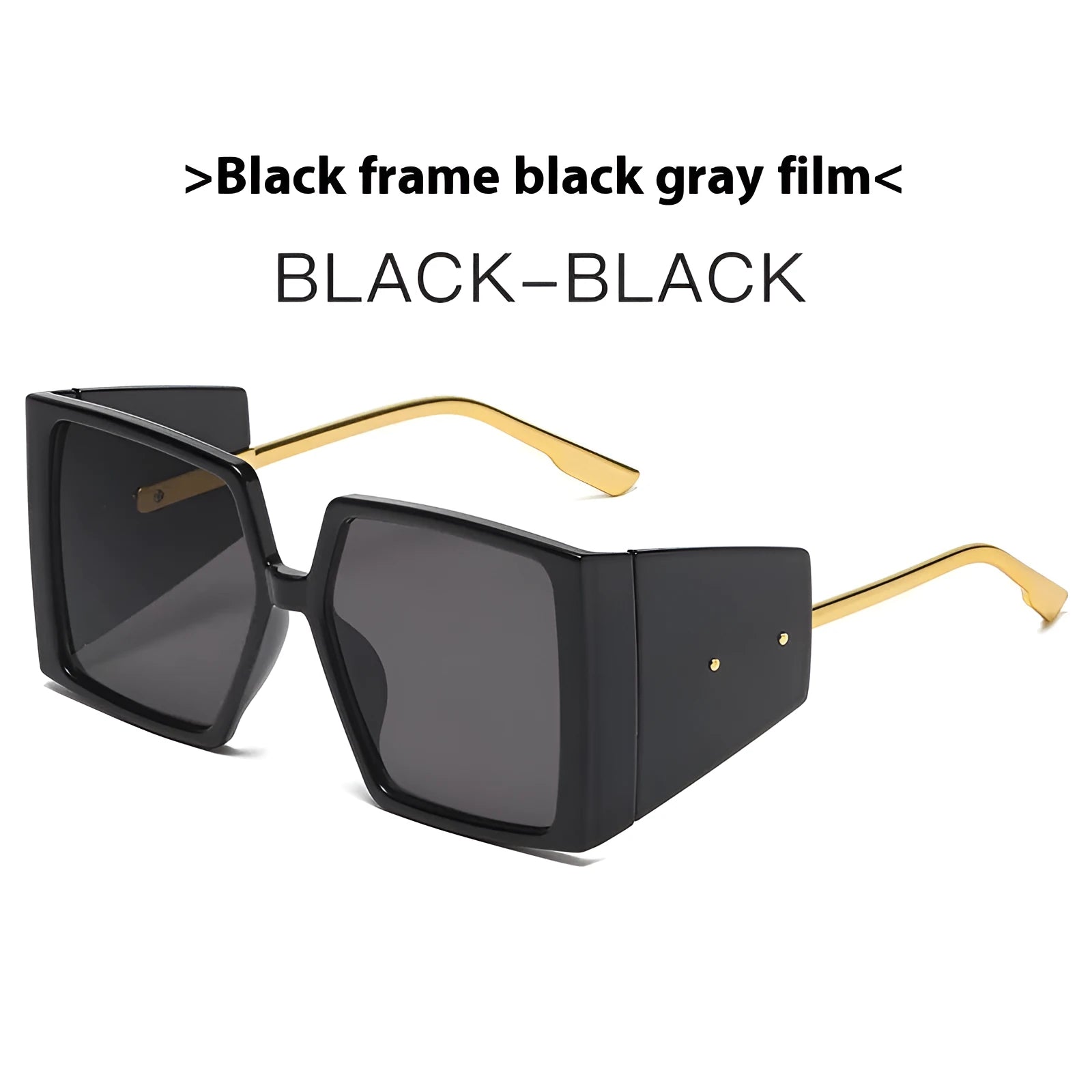 Large square frame sunglasses showing available colour options including black, blue, and orange frames.