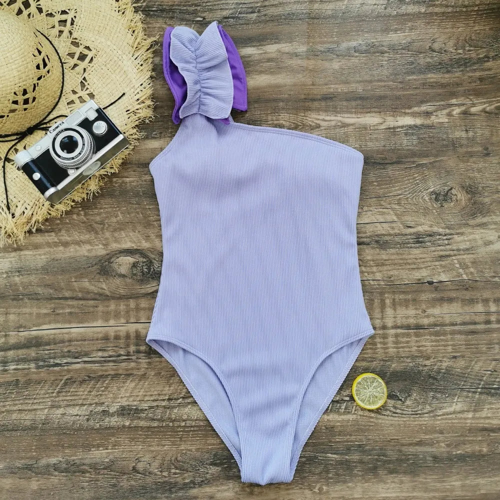 Women's single-shoulder high-waist one-piece swimsuit in solid colours