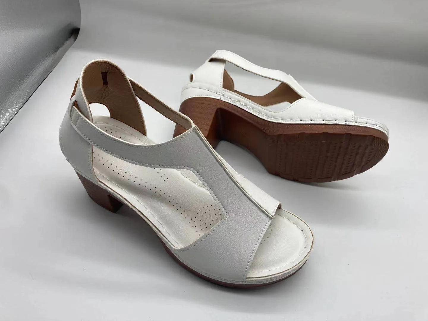 Women's open toe wedge sandals with Roman buckle strap in synthetic PU material