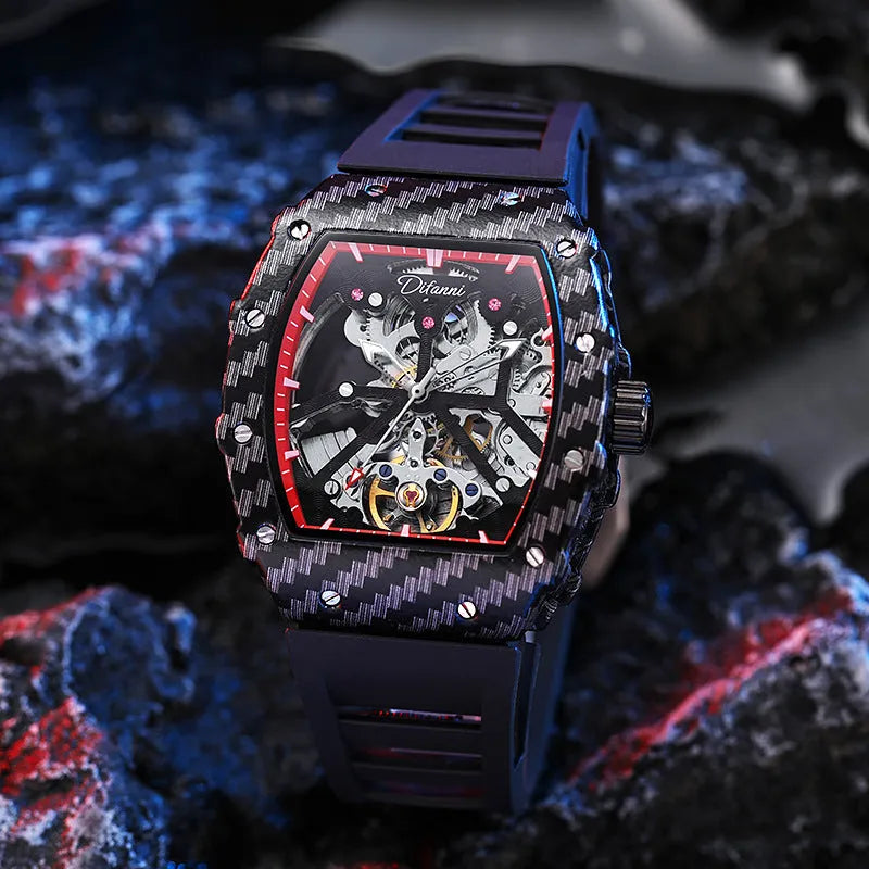 Men's black mechanical waterproof watch with luminous hands on a rubber strap, showing a transparent case back.