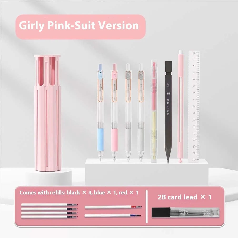 Plastic pressing pen pencil case kit in Sky Blue, Vigorous White, and Girl Pink colours for six or sixteen pens