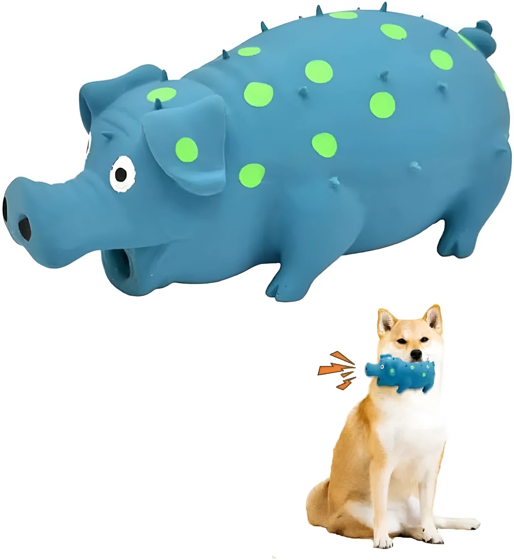 Blue pig-shaped latex dog chew toy with a textured surface and squeaker.