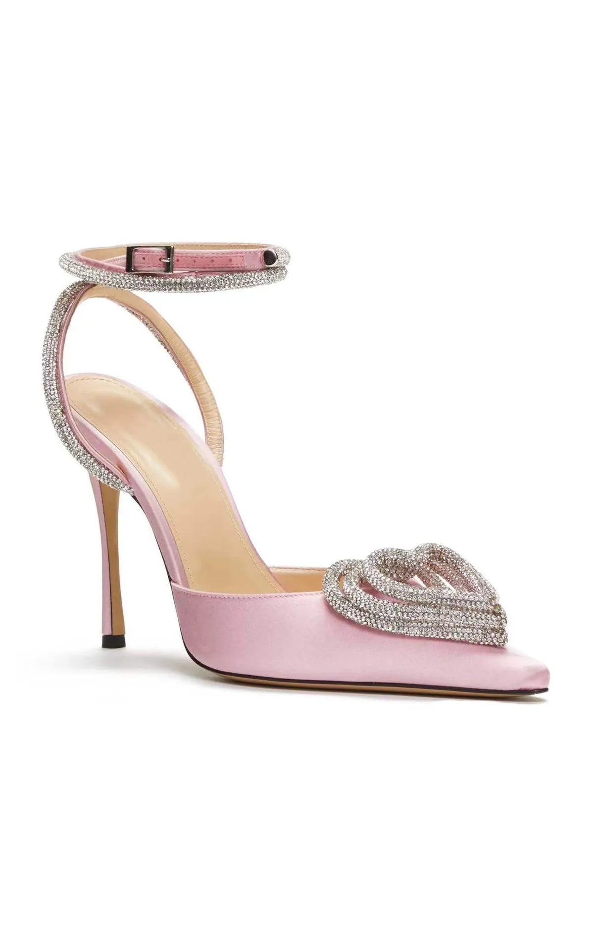 Women's pink satin sandal with heart-shaped rhinestone and cross-tape strap on a pointed toe.