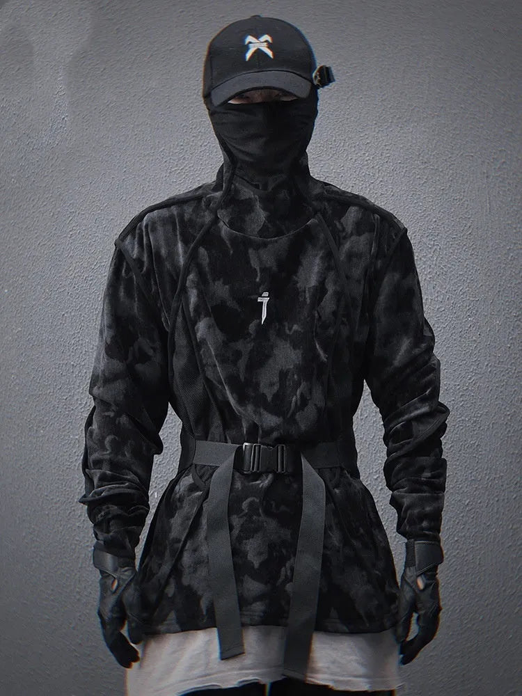 Men's black tie dye finger turtleneck sweater with full printed pattern and drop shoulder sleeves