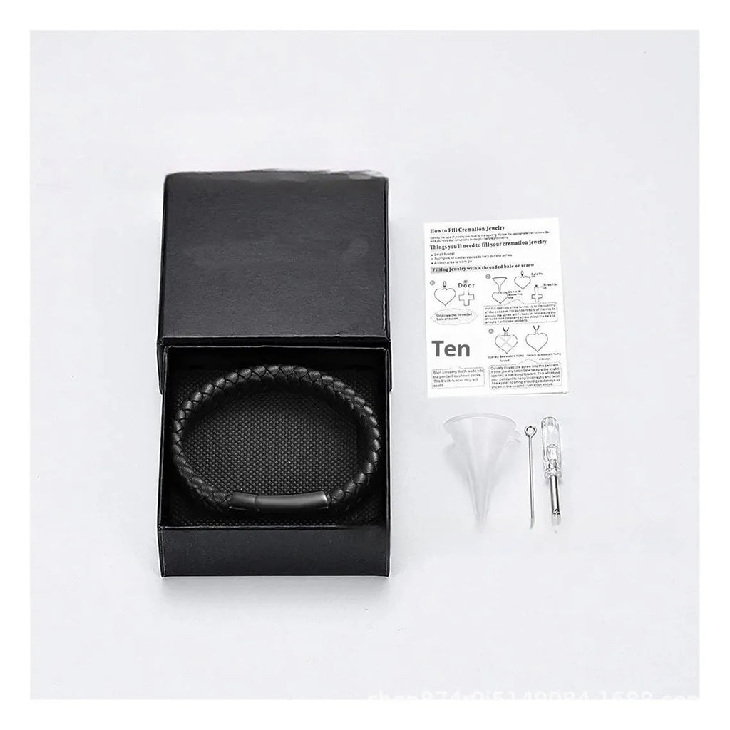 Black leather and stainless steel casket bracelet for memorial ashes with personalised engraving