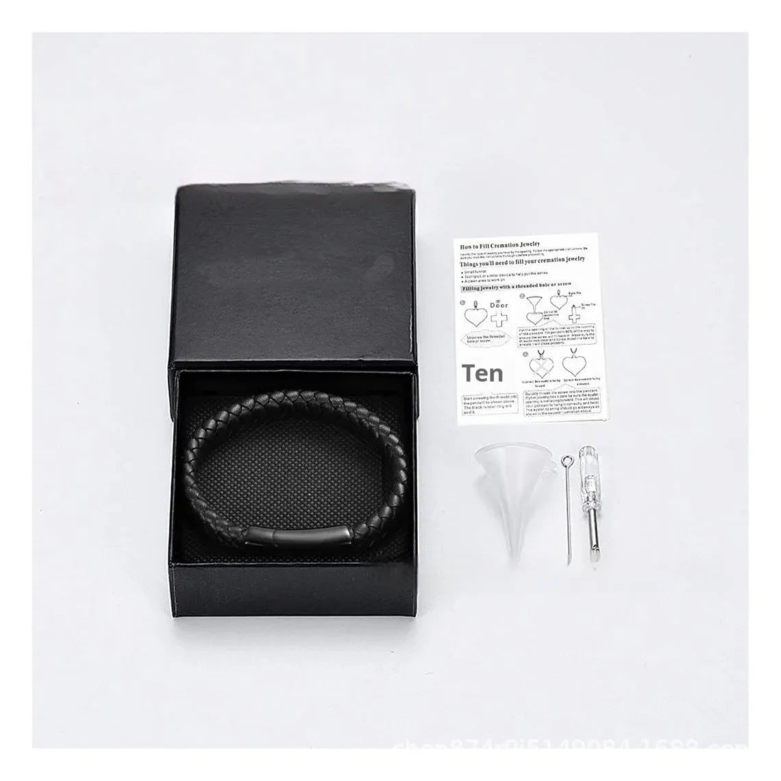 Black leather and stainless steel casket bracelet for memorial ashes with personalised engraving