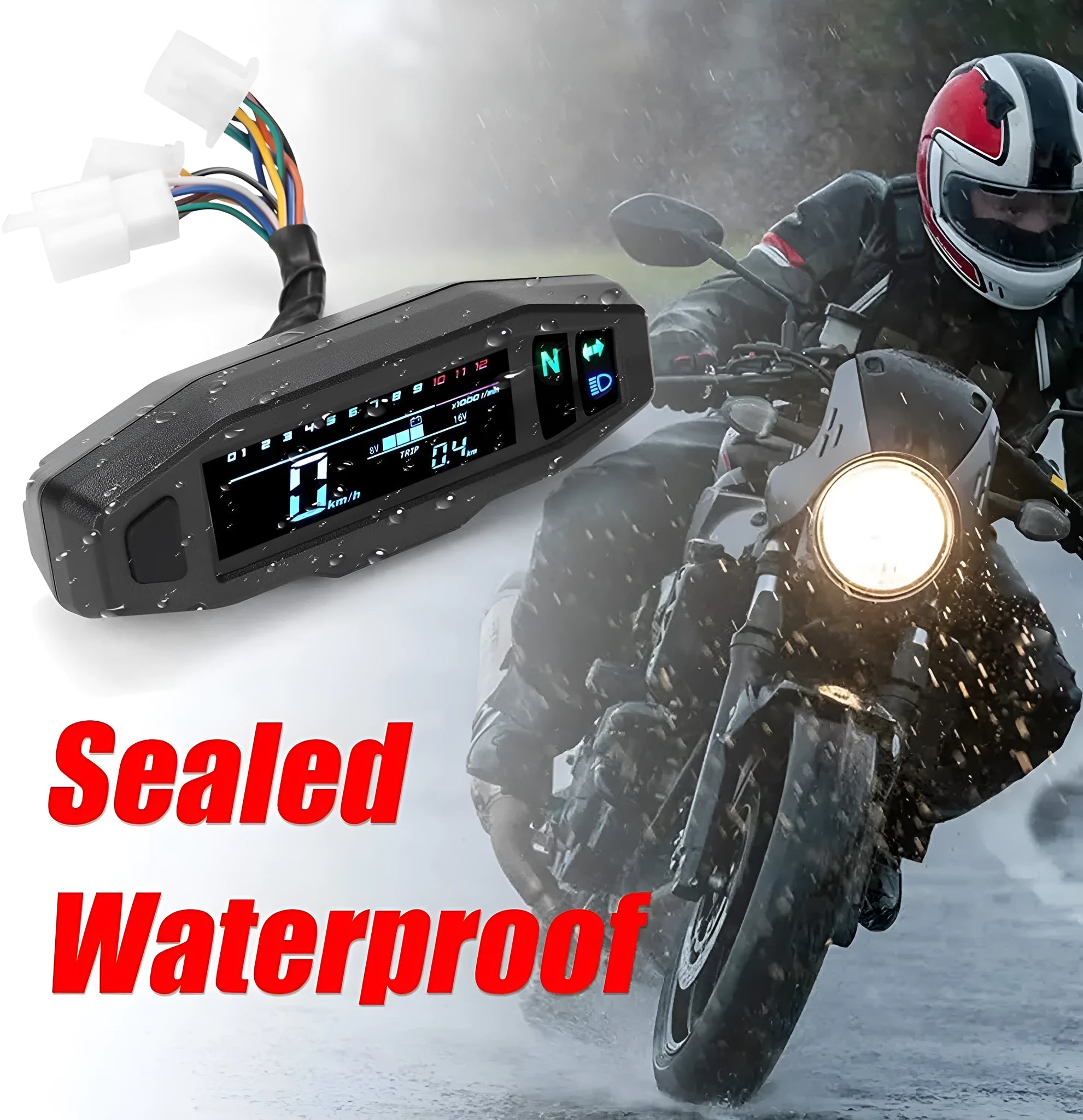 Black mini motorcycle LCD speedometer and fuel gauge with 141x45mm dimensions on a handlebar