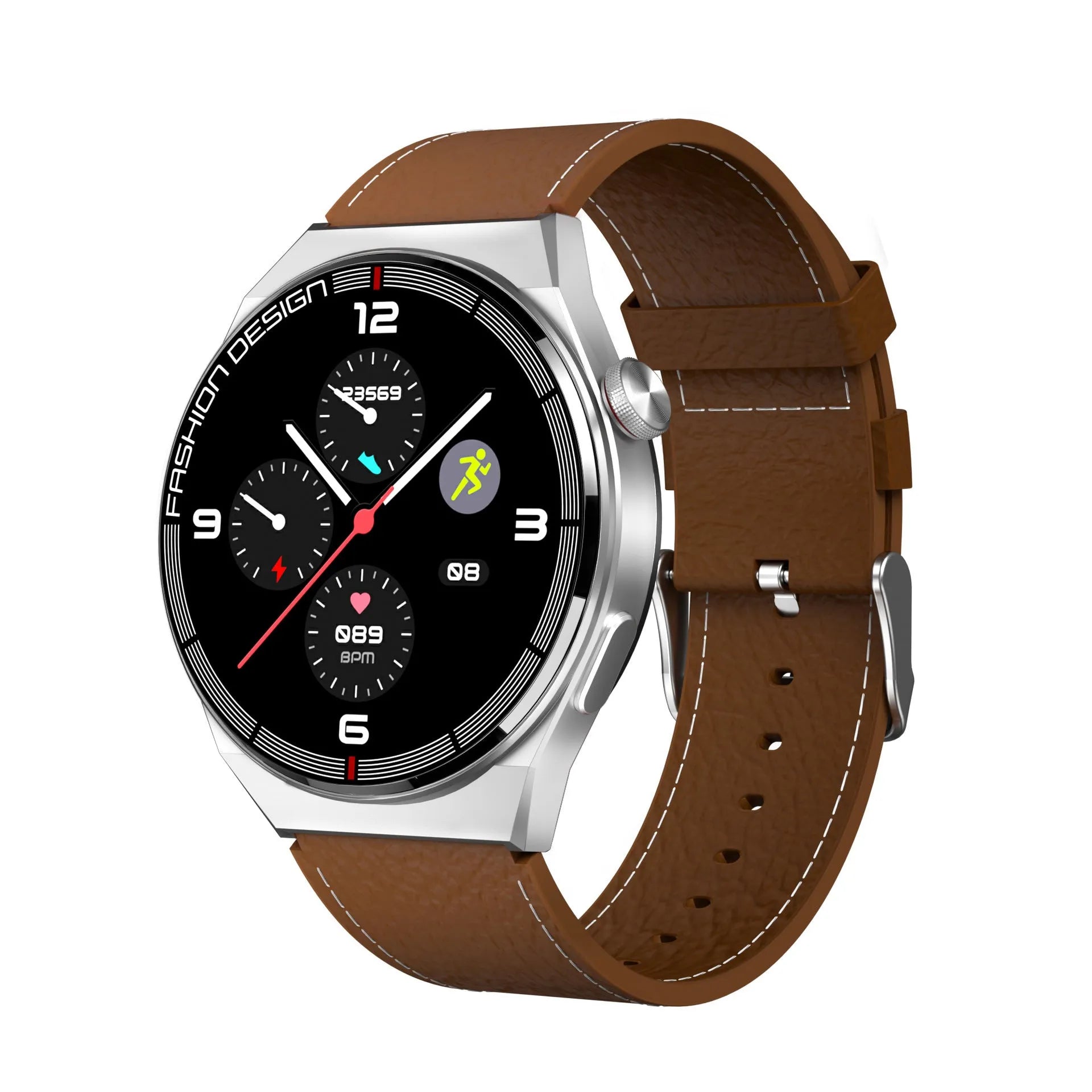 Black smartwatch with 46mm case on silicone strap showing heart rate monitoring display