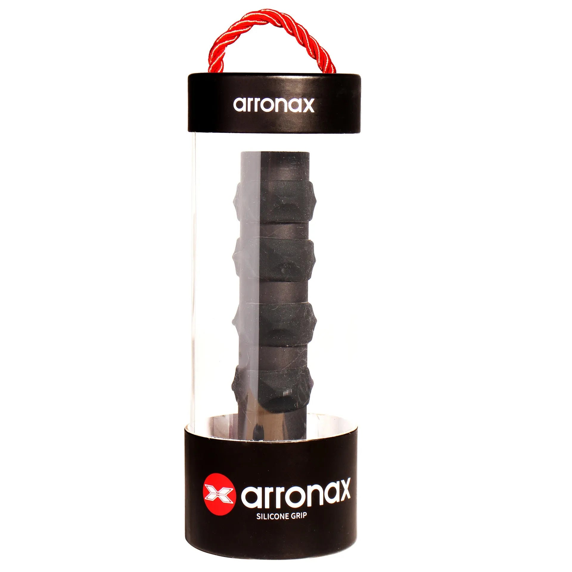 Silicone racket hand rubber buckle accessory shown in multiple colours next to a tennis racket.