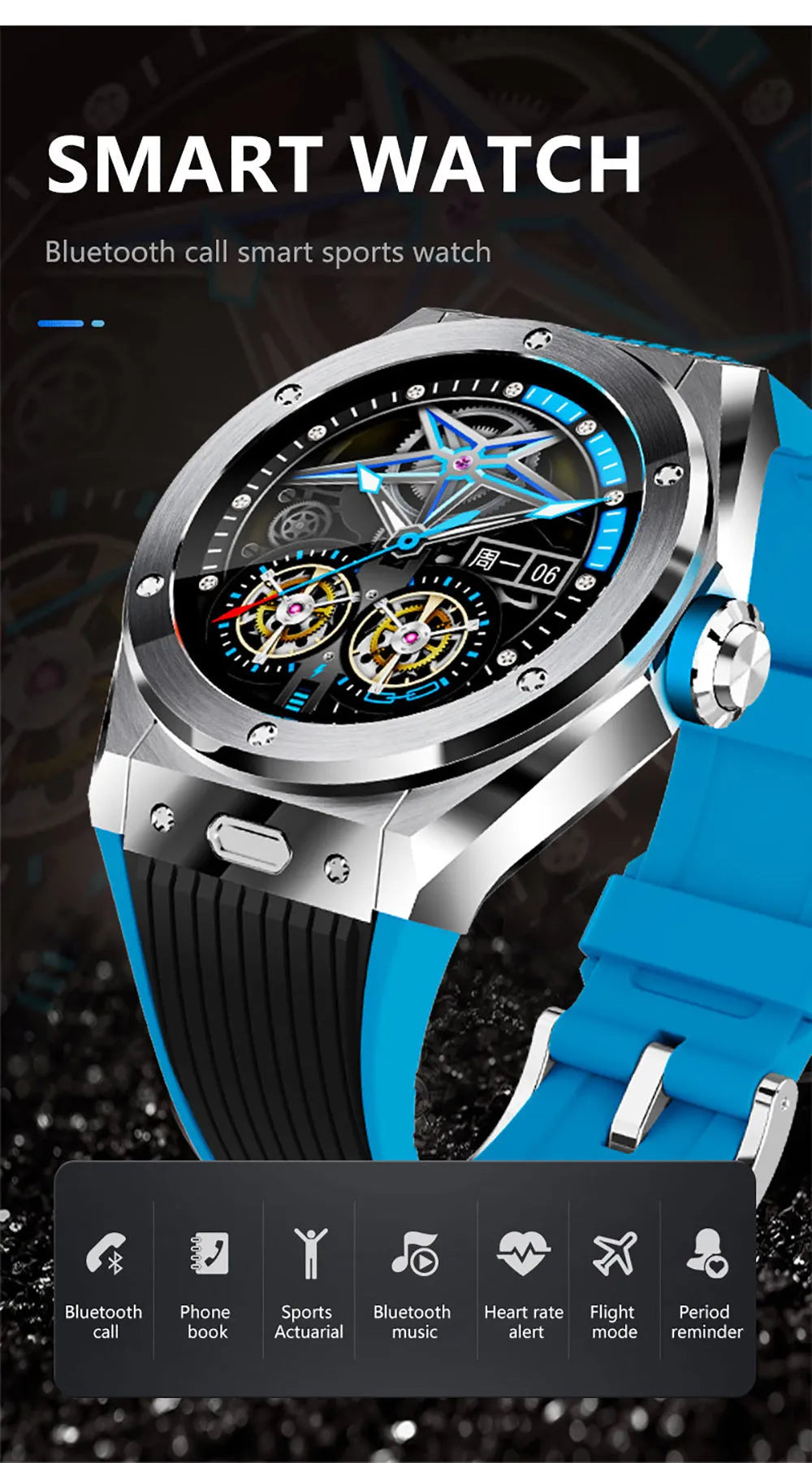 Black mv58 sports smart watch with Bluetooth calling on a silicone strap, showing health stats on its screen.