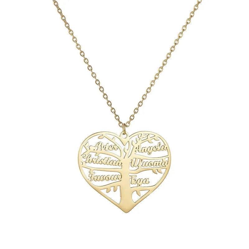 Custom silver necklace with hollow heart and life tree pendant engraved with names on a 50cm chain.