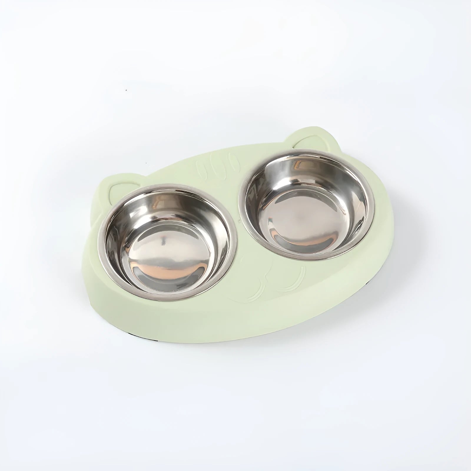 Blue macaron-shaped plastic pet feeder with two bowls for cat and dog feeding