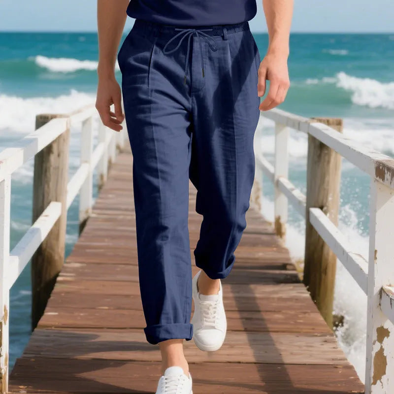 Men's straight leg linen trousers with drawstring waist in light khaki colour
