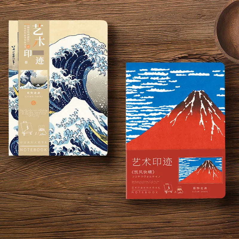 Ukiyo-e Kanagawa surfing village retro hand ledger notebook showing cover artwork and dimensions