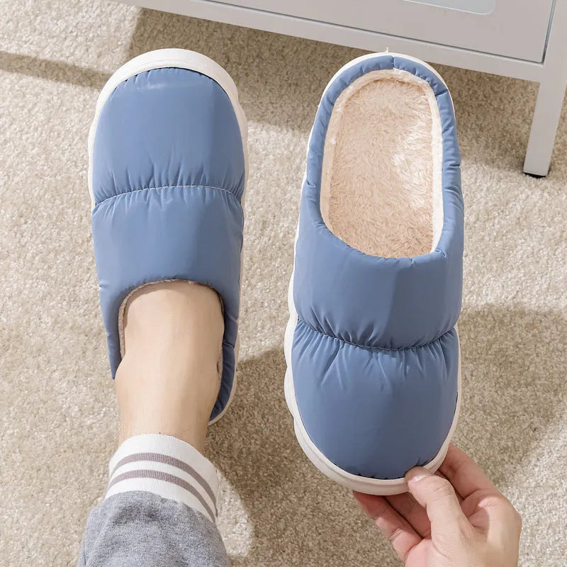 Down cotton plush slippers with thick rubber soles in blue, green, grey, pink, or yellow colours