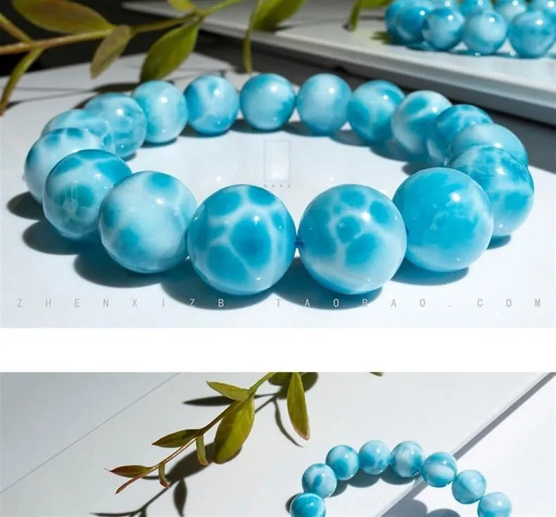 Blue natural crystal sea-pattern stone and Bodhi seed bracelet with pearl accents in Maillard style.