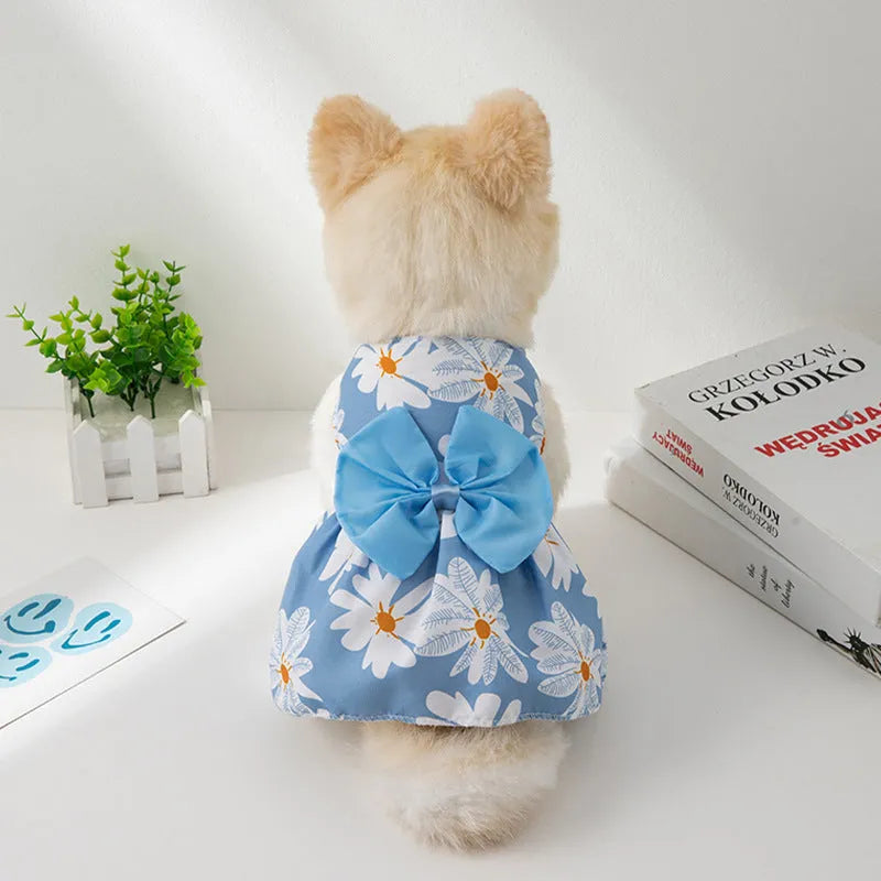 Ultra-thin summer pet dress with floral butterfly knot bow on dog model
