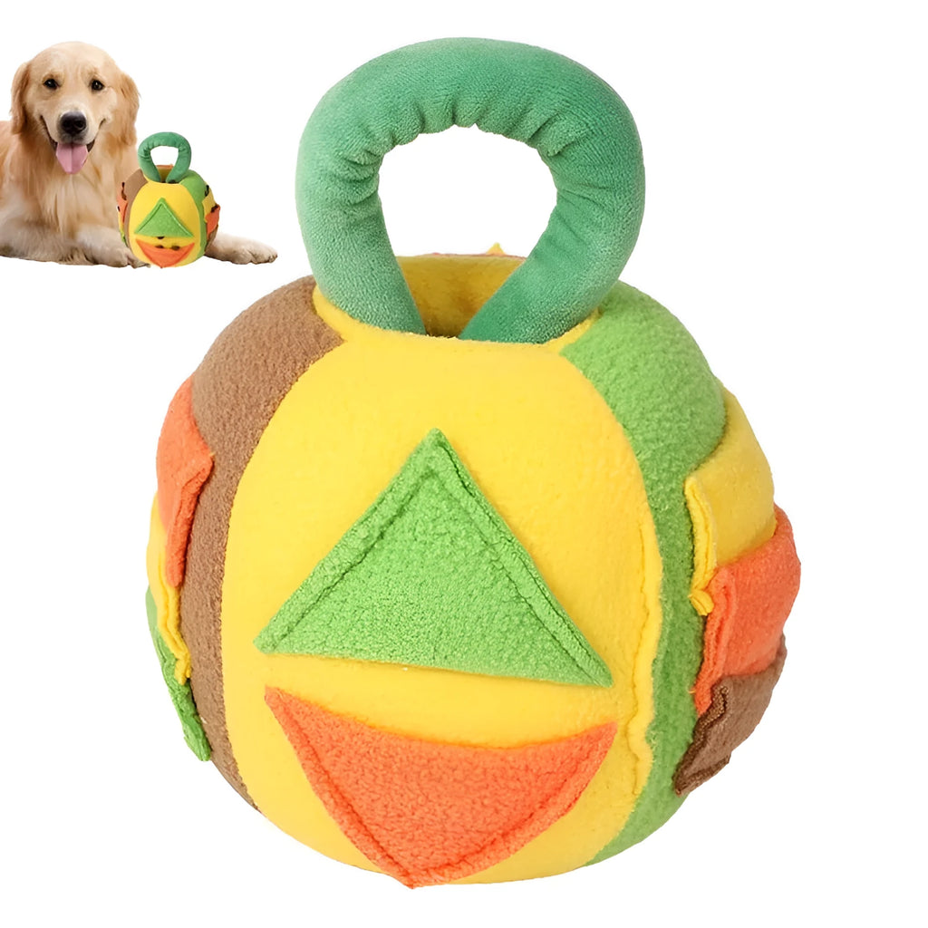 Green plush ball dog toy with multiple treat pockets and squeaker for small to medium dogs