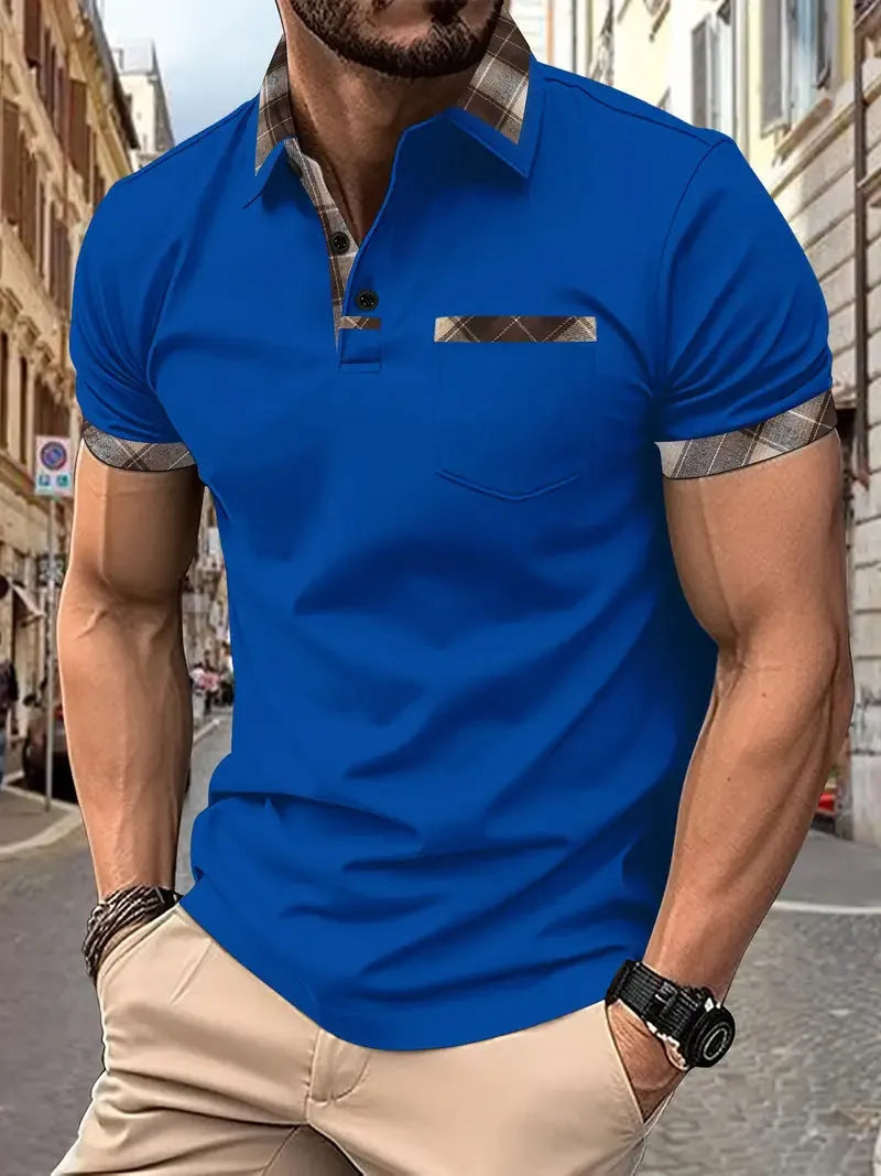 Men's loose fit colourblock plaid t-shirt with zip decorations in multiple colour options