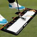Black neoprene golf swing posture correction mat with directional alignment markings