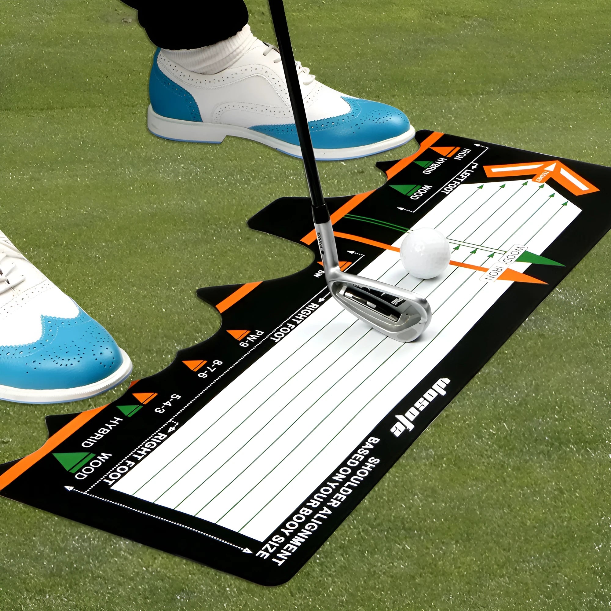 Black neoprene golf swing posture correction mat with directional alignment markings