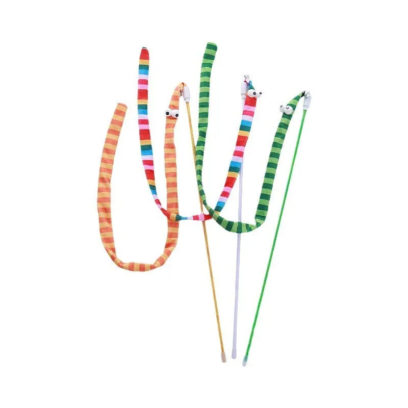 Colourful cat wand toy with polycarbonate handle and long plush strip for interactive feline play