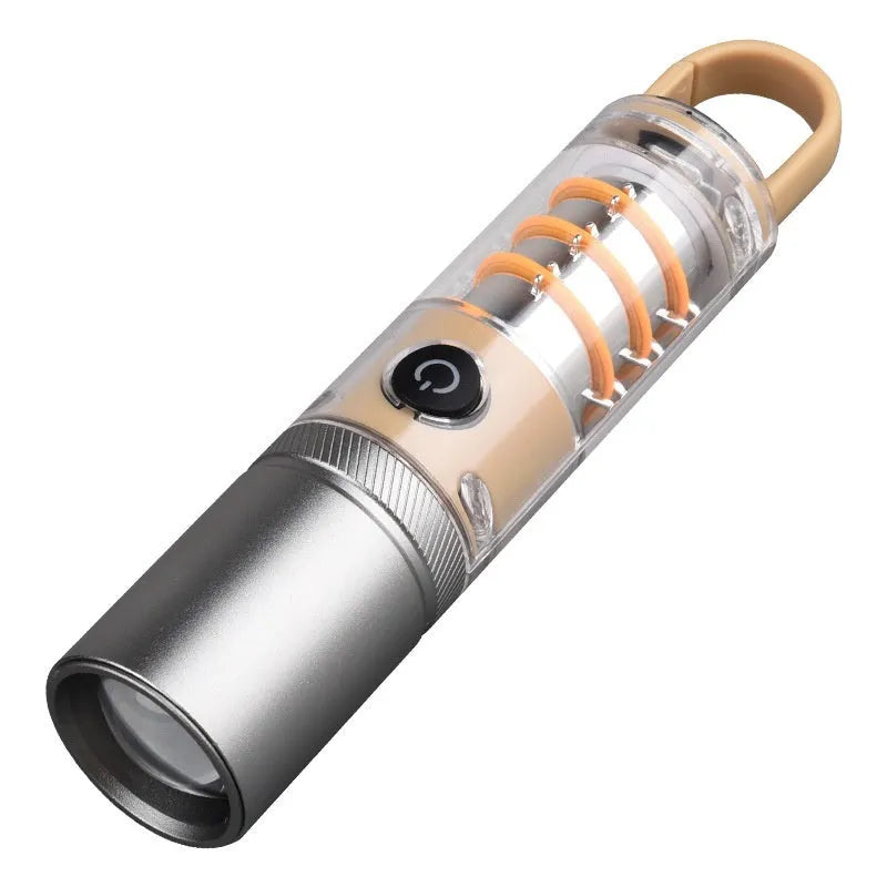 Orange or beige dual light source flashlight with keychain and hook attachments