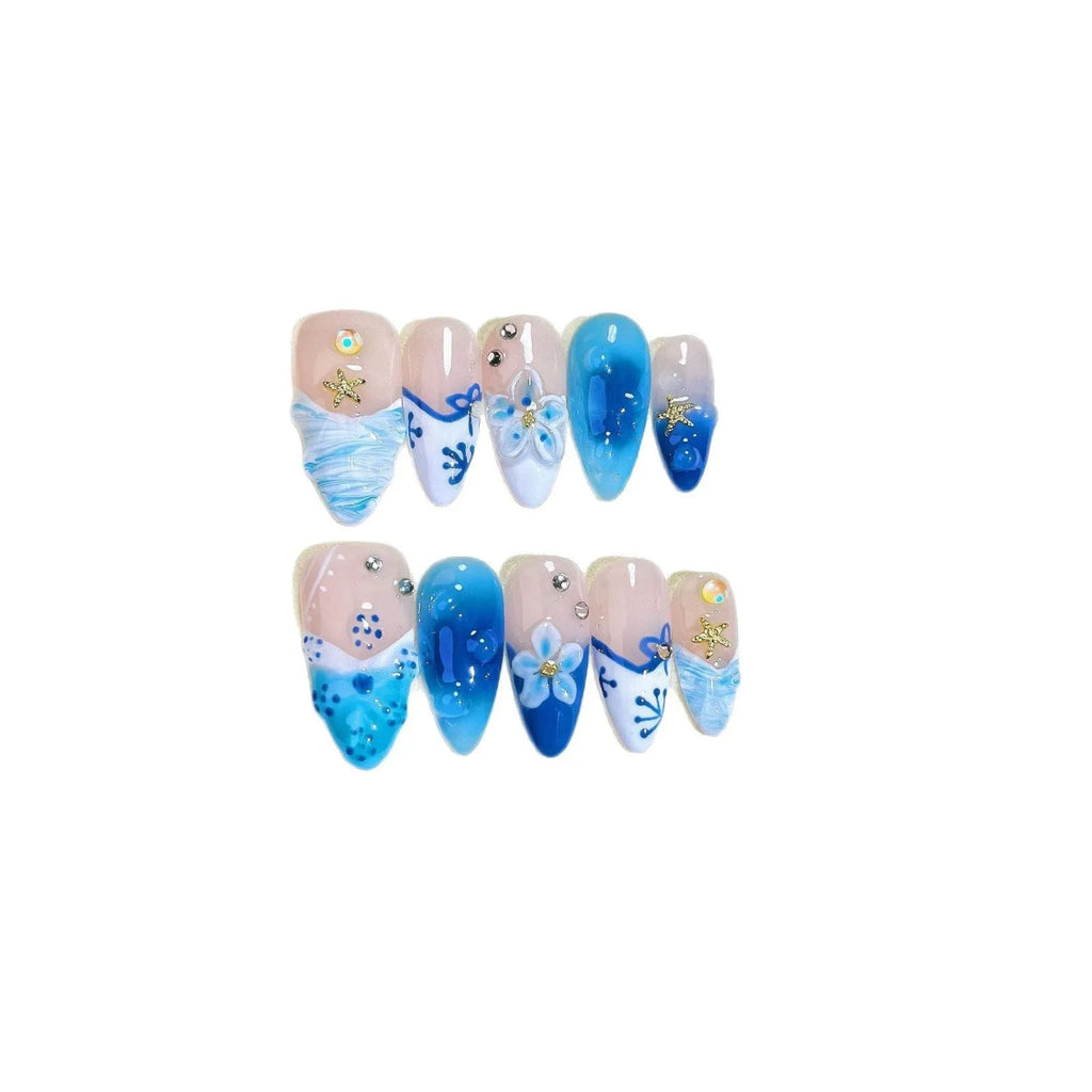 Blue hand-painted carved summer ice transparent plastic fake nails with floral design