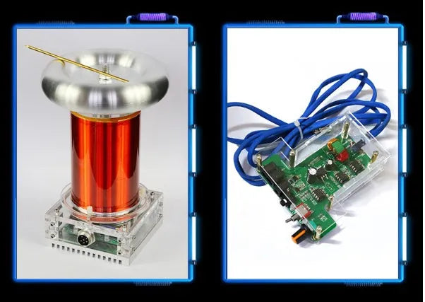Tesla coil driver board unit with controller and cables for musical lightning displays.