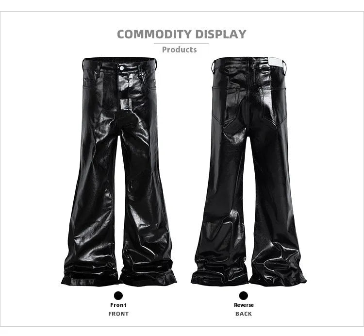 Black shiny patent leather skinny jeans with straight leg cut and mid-rise waist