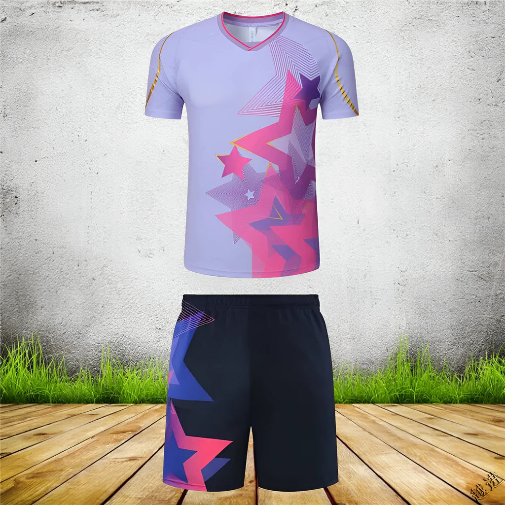 Man and woman wearing short-sleeved blue and purple badminton sportswear outfits, consisting of a top and trousers.