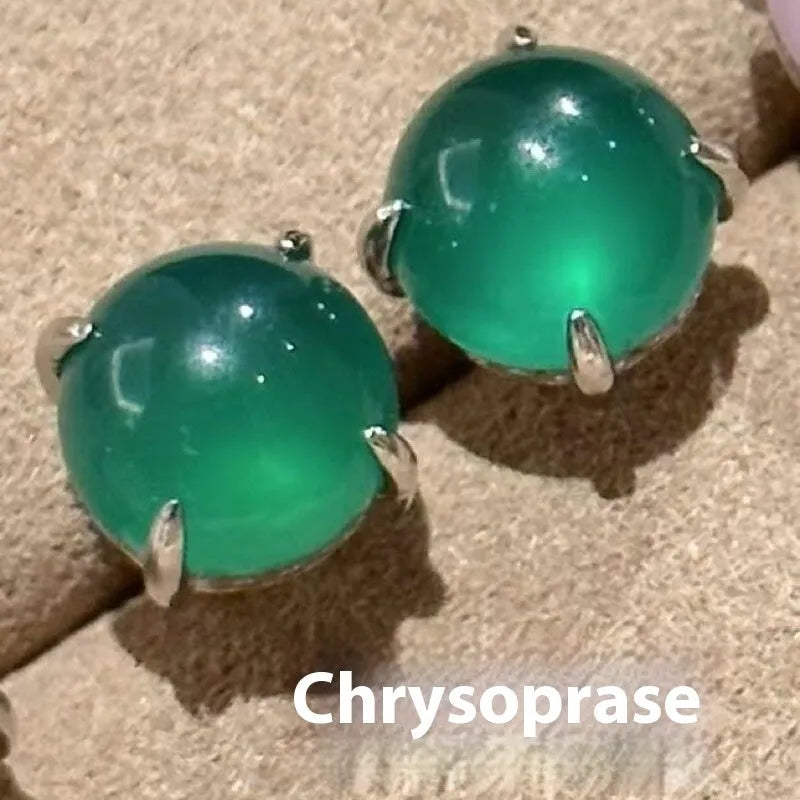 Chinese style chalcedony earrings with four claw copper setting and round egg surface stone