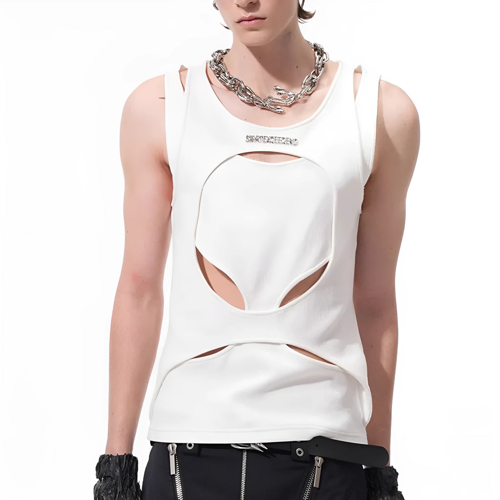 Men's sleeveless white waistcoat with hollow thread detail and round neck pullover design