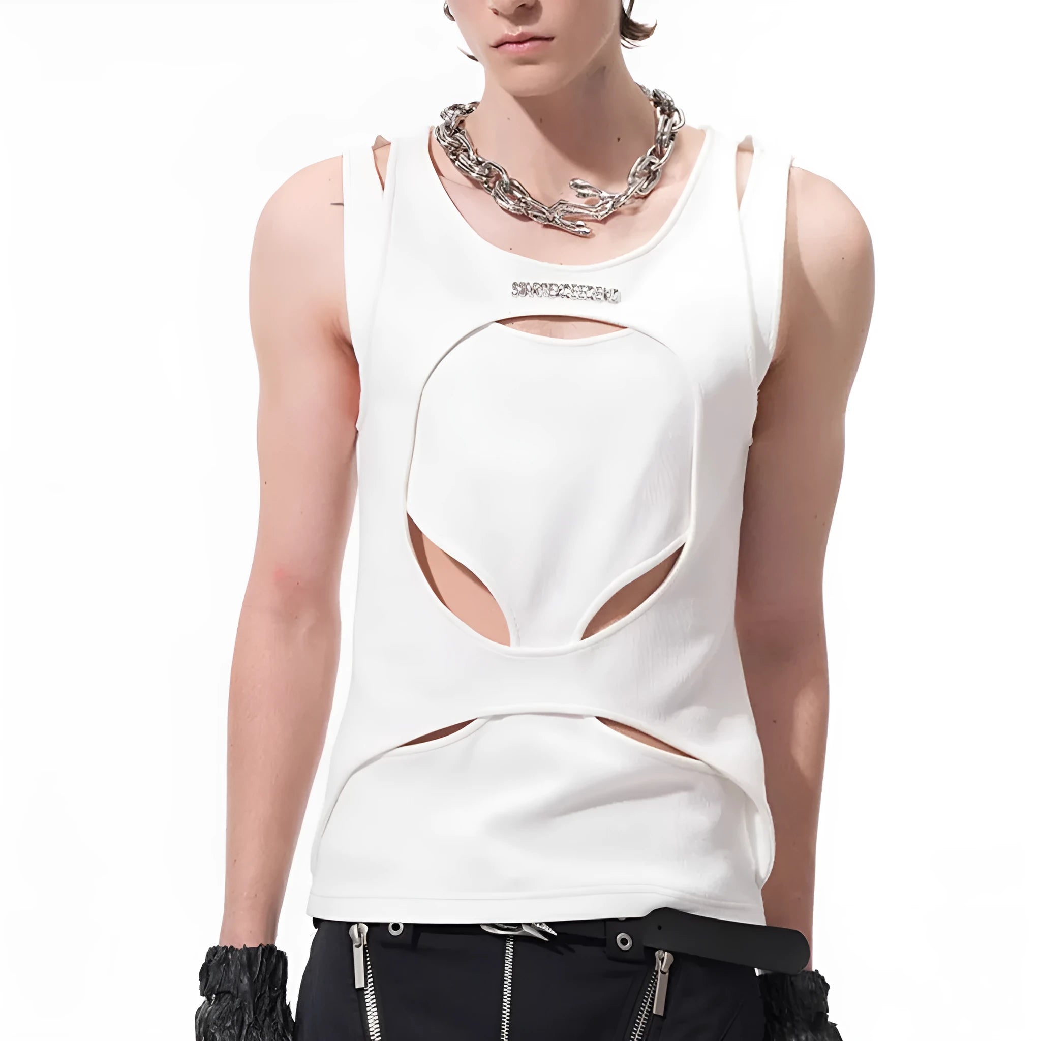 Men's sleeveless white waistcoat with hollow thread detail and round neck pullover design