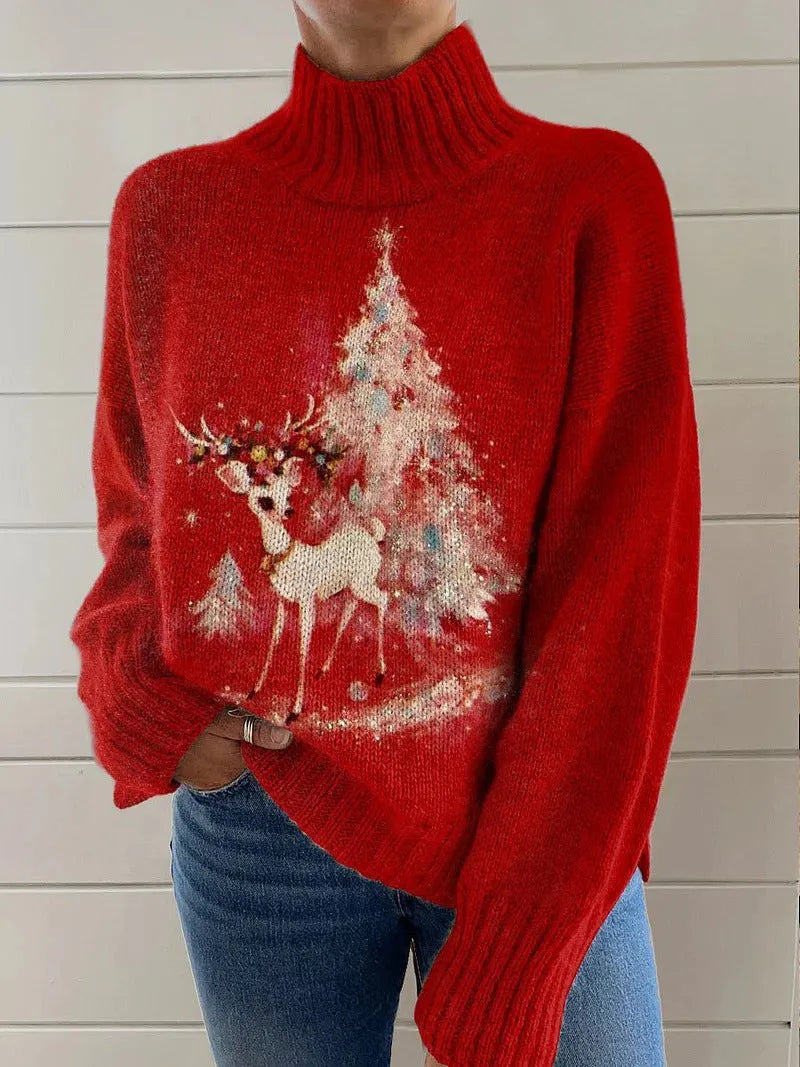 Women's Christmas printed turtleneck sweater in loose fit pullover style with long sleeves