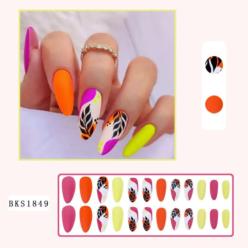 Almond-shaped false nail stickers showing French colourful leaves, gradient leopard print, star flash macaron and colourful plating designs
