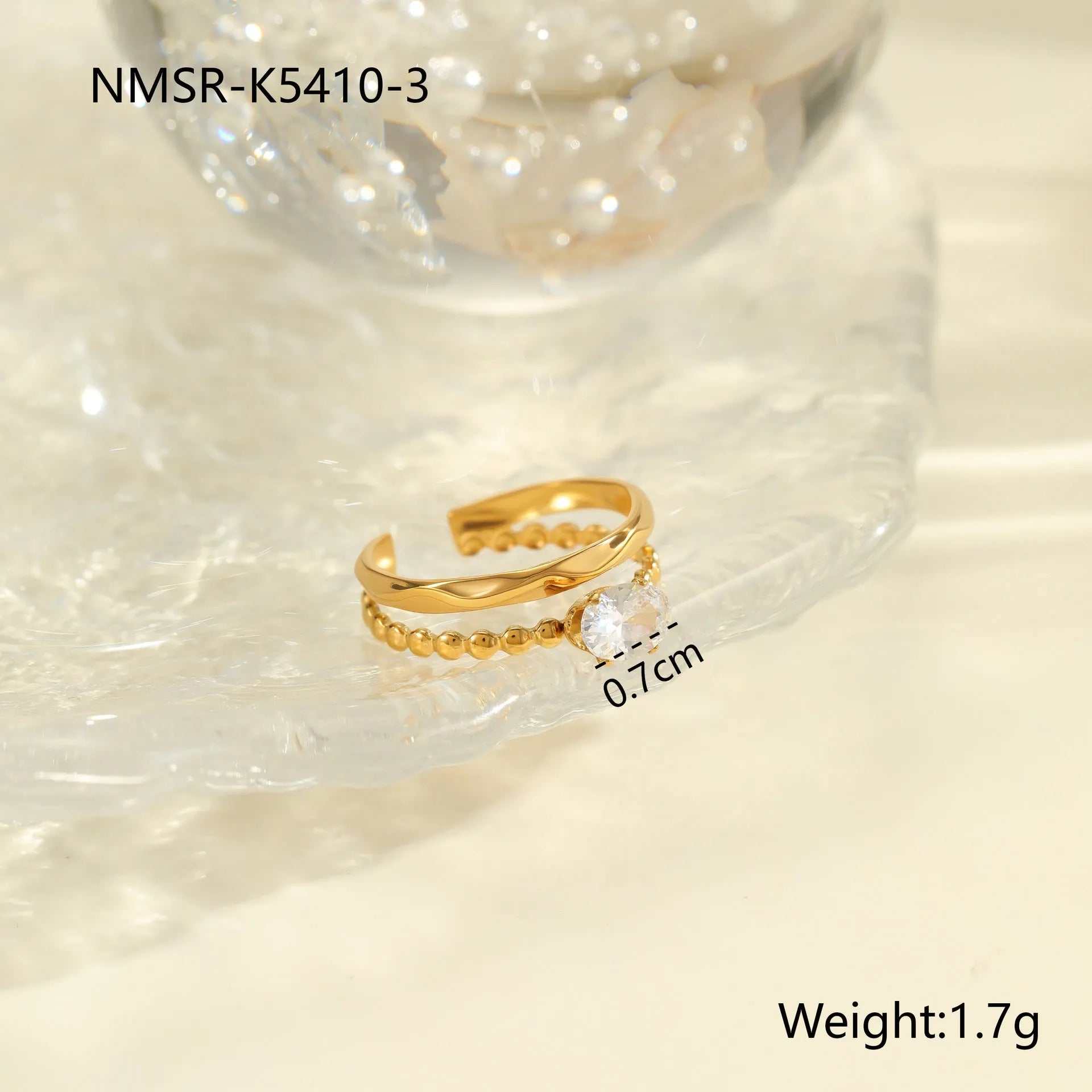 Gold inlaid zircon stainless steel ring with geometric designs and adjustable open-mouth construction