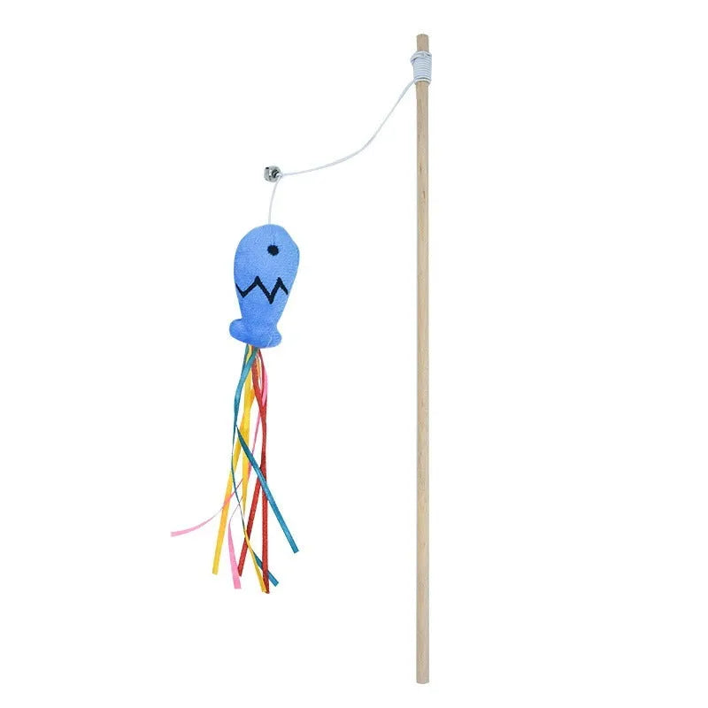 Cat wand toy with colourful ribbons, catnip fish attachment, and bell on wooden handle
