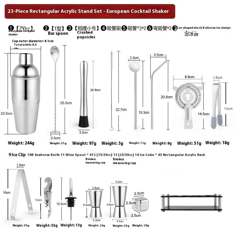 23-piece stainless steel and acrylic cocktail set with shakers and bar tools on a counter.