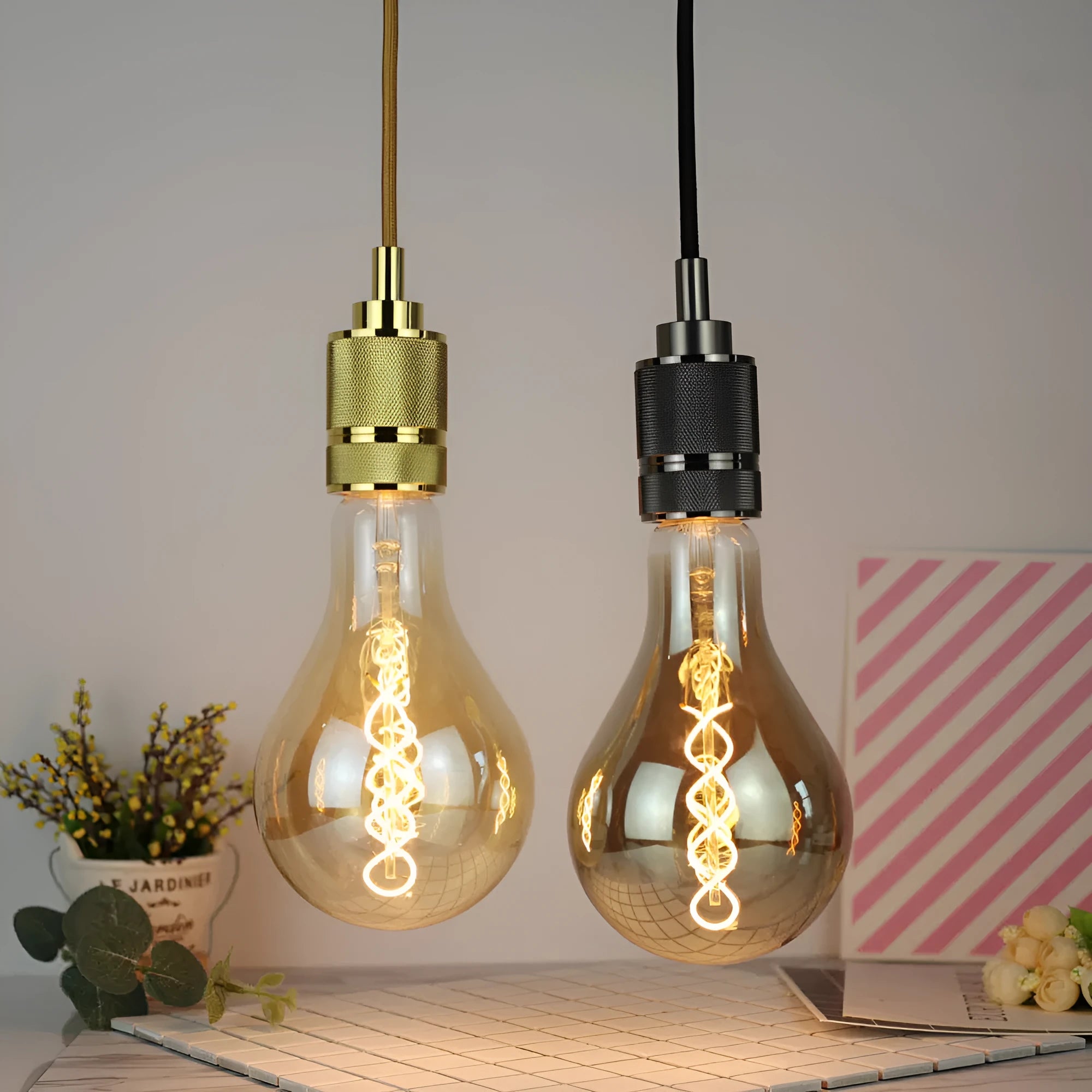 Double helix spiral LED soft light strip in gold or grey colour measuring 110mm by 200mm