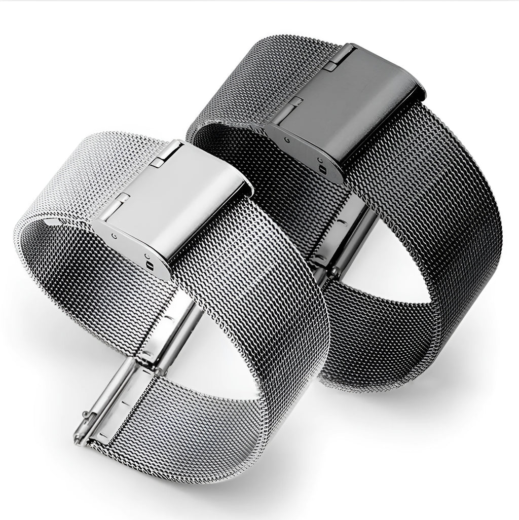 Milani silk woven stainless steel watch band in silver, black, rose gold and gold colours showing texture.