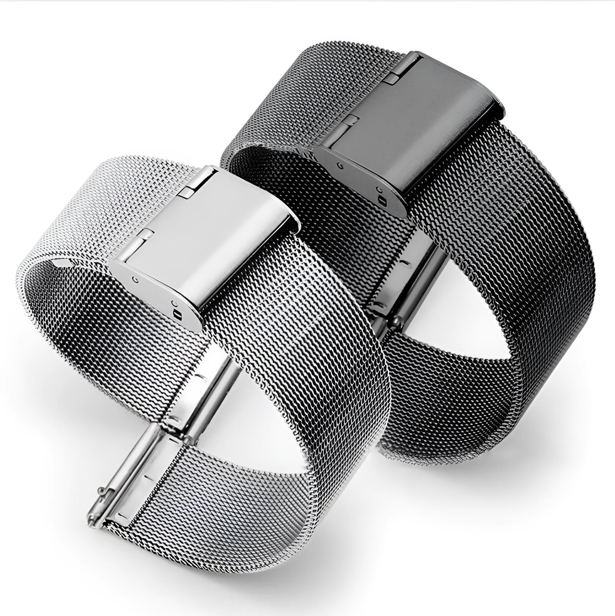 Milani silk woven stainless steel watch band in silver, black, rose gold and gold colours showing texture.