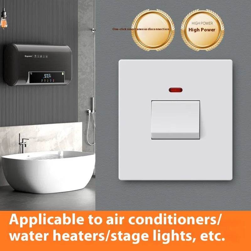 Gold, grey, and white 25A 45A high-current double-break switch with illuminated light panel.